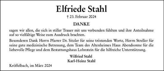 Traueranzeige von Elfriede Stahl von Wetzlarer Neue Zeitung