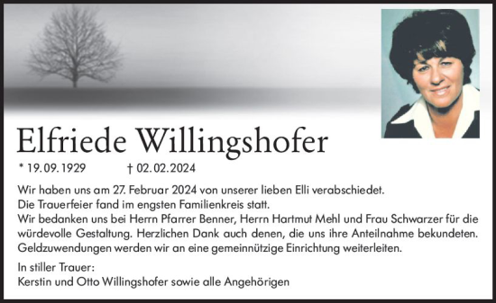Traueranzeige von Elfriede Willingshofer von Wetzlarer Neue Zeitung