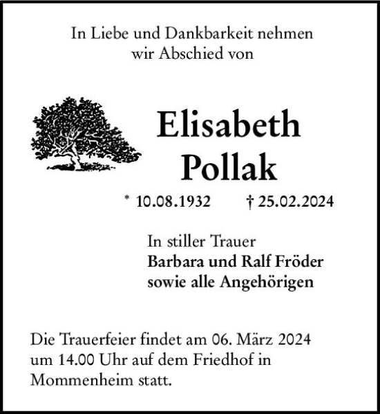 Traueranzeige von Elisabeth Pollak von Allgemeine Zeitung Mainz