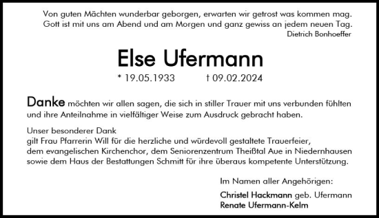 Traueranzeige von Else Ufermann von Dill Block