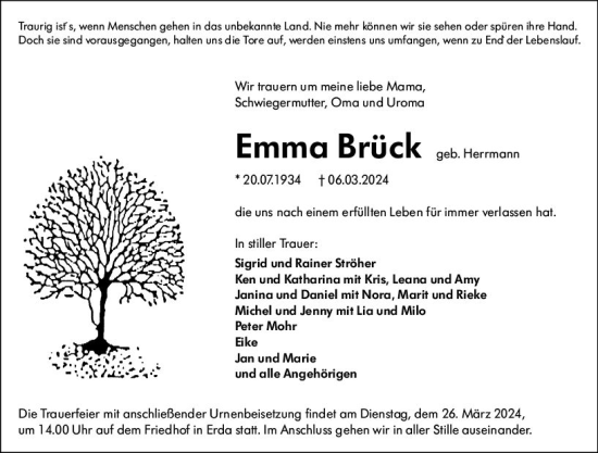 Traueranzeige von Emma Brück von Wetzlarer Neue Zeitung
