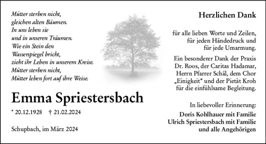 Traueranzeige von Emma Spriestersbach von Weilburger Tageblatt