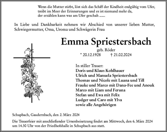 Traueranzeige von Emma Spriestersbach von Weilburger Tageblatt