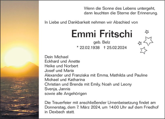 Traueranzeige von Emmi Fritschi von Hinterländer Anzeiger