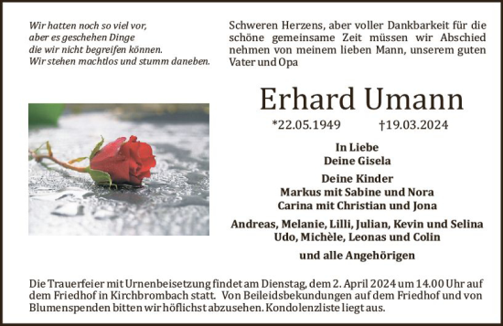 Traueranzeige von Erhard Umann von Odenwälder Echo