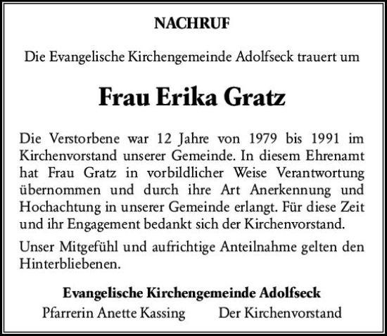 Traueranzeige von Erika Gratz von Idsteiner Land/Untertaunus