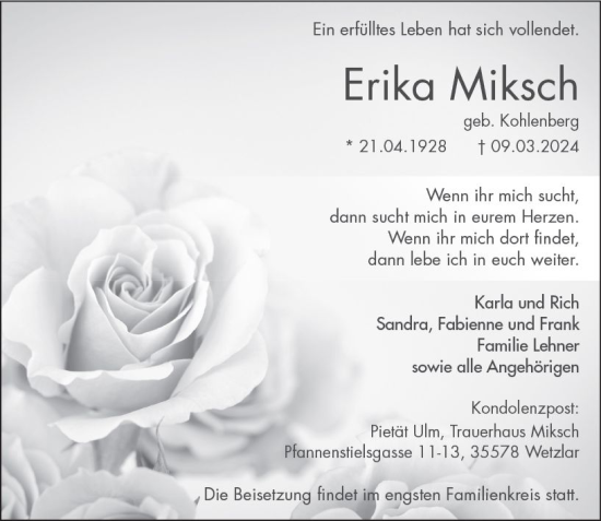 Traueranzeige von Erika Miksch von Wetzlarer Neue Zeitung