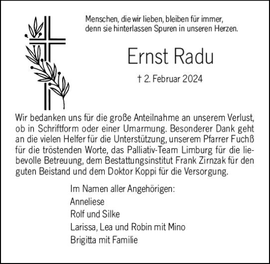 Traueranzeige von Ernst Radu von Weilburger Tageblatt