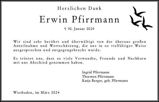 Traueranzeige von Erwin Pfirrmann von Wiesbadener Kurier