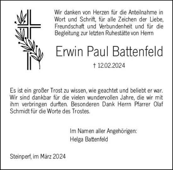 Traueranzeige von Erwin Paul Battenfeld von Hinterländer Anzeiger