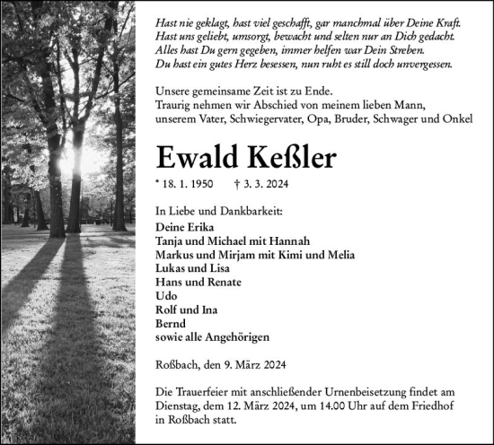 Traueranzeige von Ewald Keßler von Dill Block