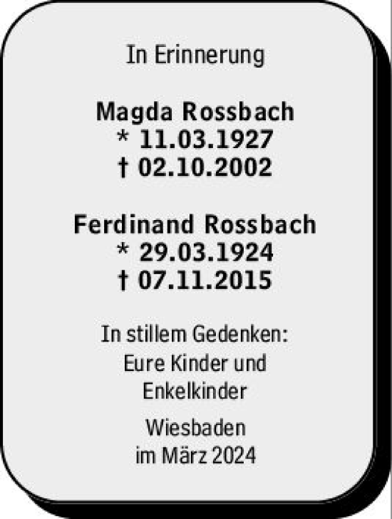 Traueranzeige von Ferdinand Rossbach von Wiesbadener Kurier