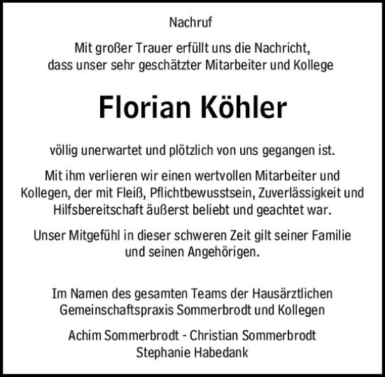 Traueranzeige von Florian Köhler von Wiesbadener Kurier