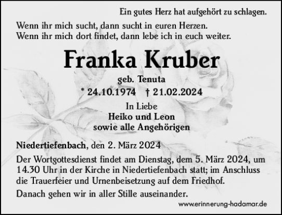 Traueranzeige von Franka Kruber von Nassauische Neue Presse