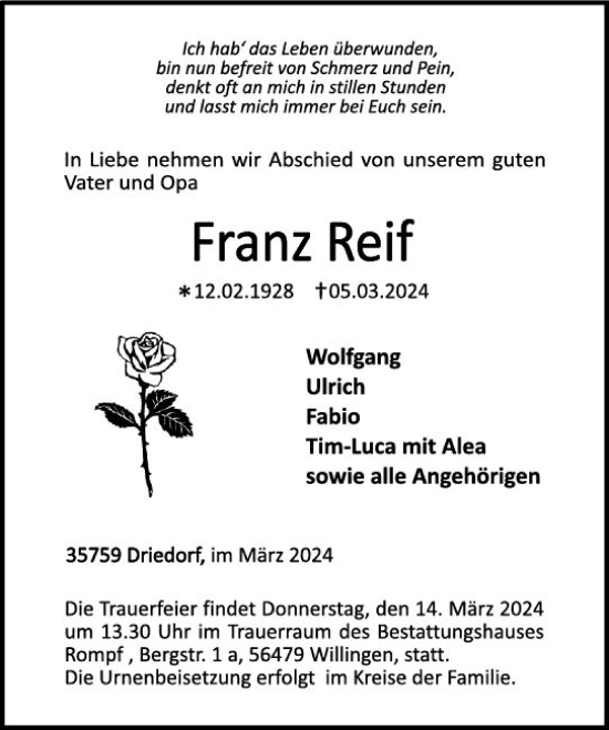 Traueranzeige von Franz Reif von Dill Block