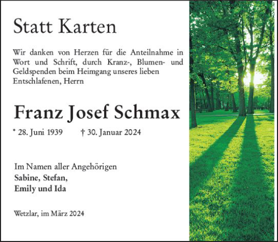 Traueranzeige von Franz Josef Schmax von Wetzlarer Neue Zeitung