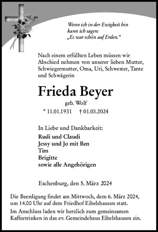 Traueranzeige von Frieda Beyer von Dill Block