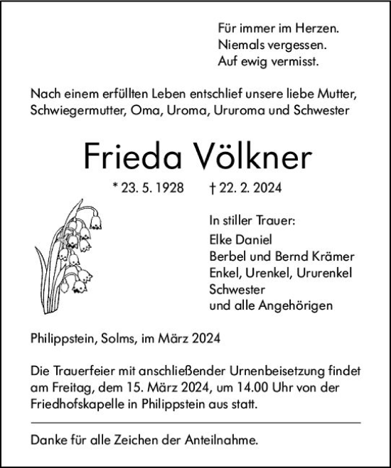Traueranzeige von Frieda Völkner von Wetzlarer Neue Zeitung