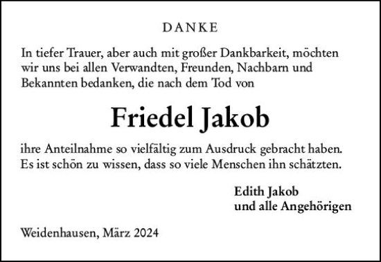 Traueranzeige von Friedel Jakob von Hinterländer Anzeiger