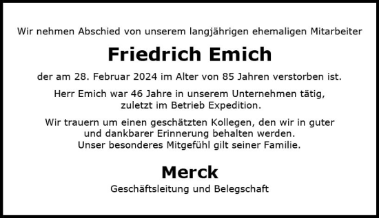 Traueranzeige von Friedrich Emich von Darmstädter Echo