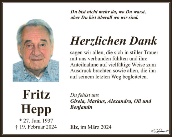 Traueranzeige von Fritz Hepp von Nassauische Neue Presse