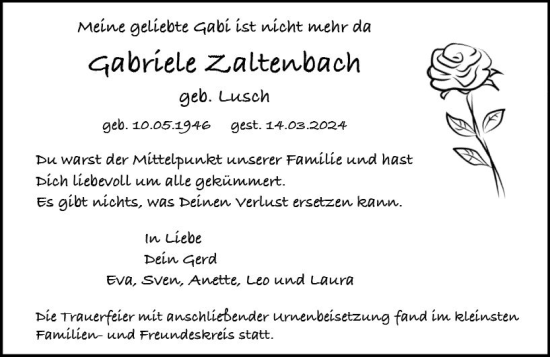 Traueranzeige von Gabriele Zaltenbach von Rheingau Kurier