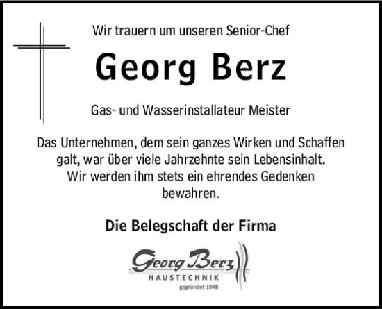 Traueranzeige von Georg Berz von Allgemeine Zeitung Mainz