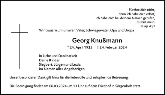 Traueranzeige von Georg Knußmann von Allgemeine Zeitung Mainz