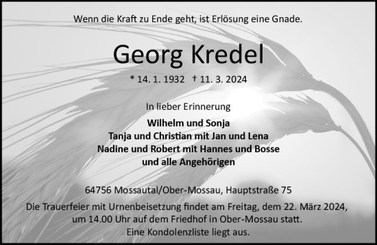 Traueranzeige von Georg Kredel von Odenwälder Echo
