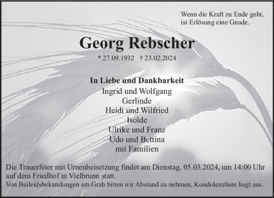 Traueranzeige von Georg Rebscher von Odenwälder Echo