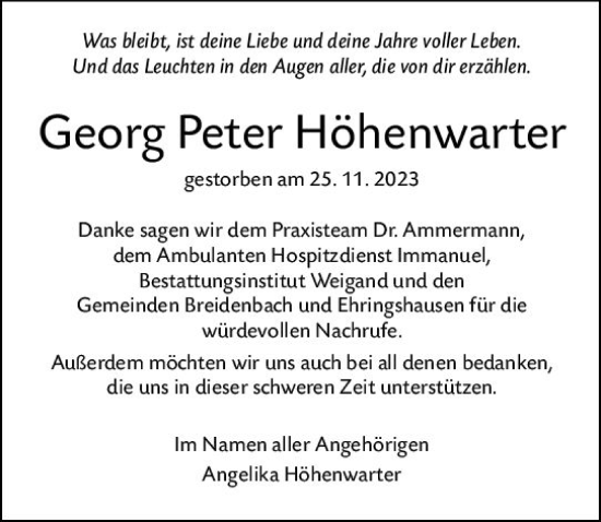 Traueranzeige von Georg Peter Höhenwarter von Hinterländer Anzeiger