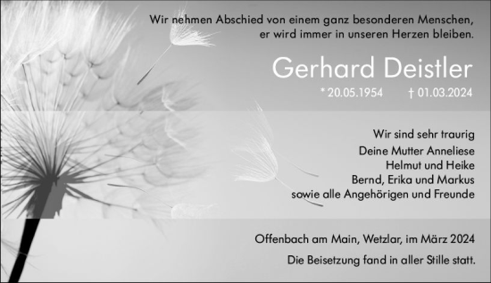 Traueranzeige von Gerhard Deistler von Wetzlarer Neue Zeitung