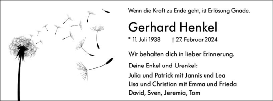 Traueranzeige von Gerhard Henkel von Hinterländer Anzeiger