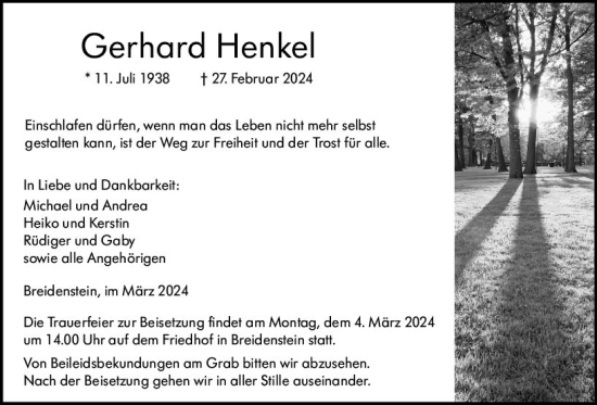 Traueranzeige von Gerhard Henkel von Hinterländer Anzeiger