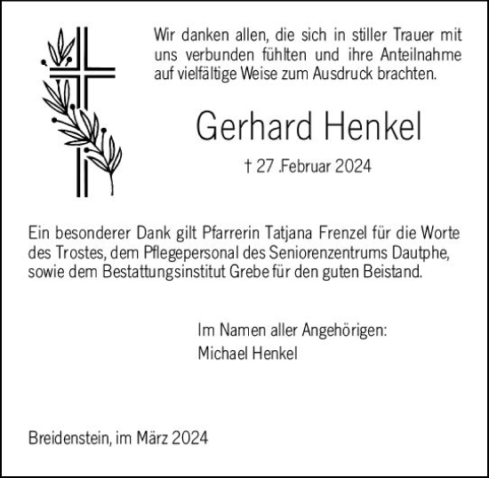 Traueranzeige von Gerhard Henkel von Hinterländer Anzeiger