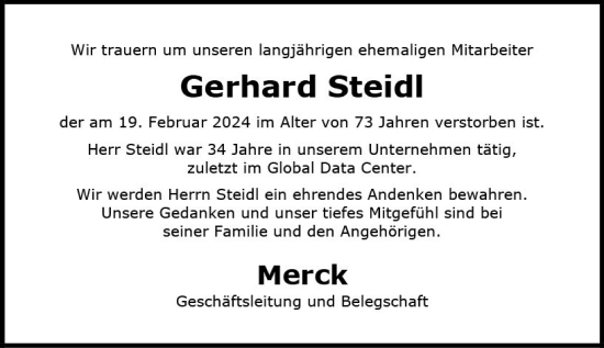 Traueranzeige von Gerhard Steidl von Darmstädter Echo
