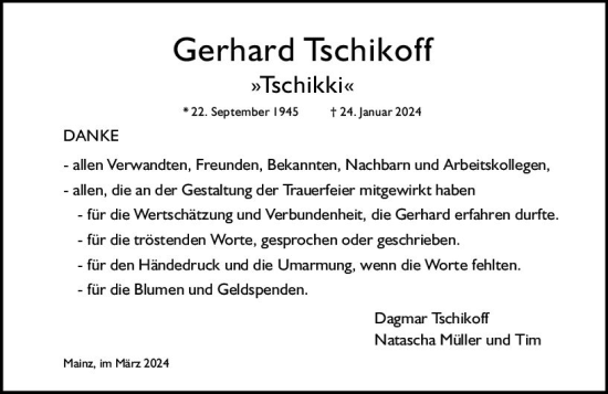 Traueranzeige von Gerhard Tschikoff von Allgemeine Zeitung Mainz