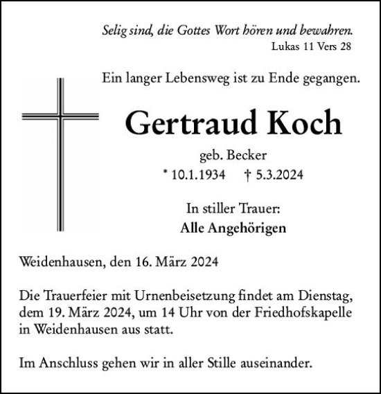 Traueranzeige von Gertraud Koch von Hinterländer Anzeiger