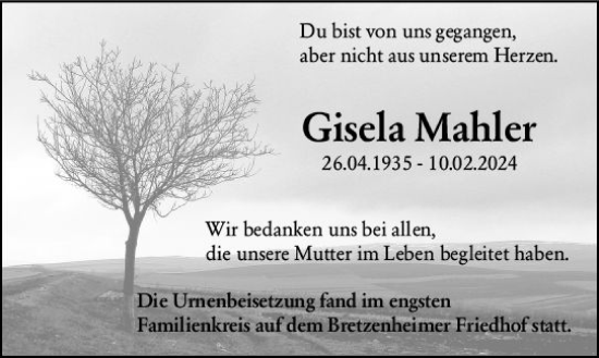 Traueranzeige von Gisela Mahler von Allgemeine Zeitung Mainz
