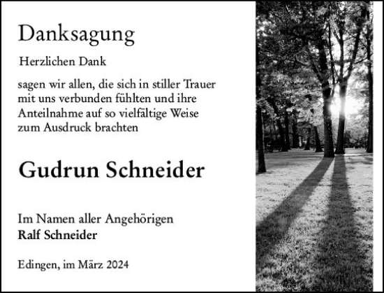 Traueranzeige von Gudrun Schneider von Dill Block