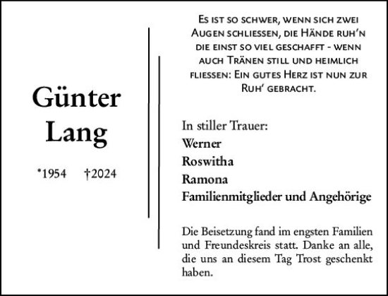 Traueranzeige von Günter Lang von Weilburger Tageblatt