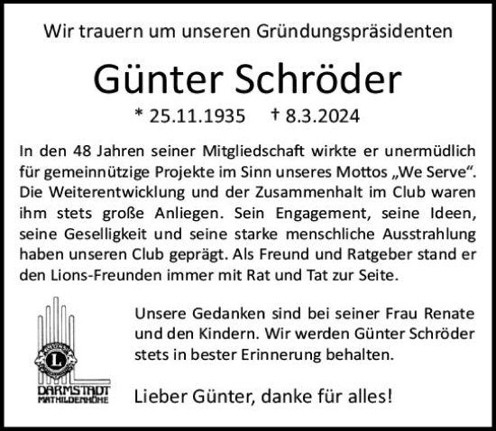 Traueranzeige von Günter Schröder von Darmstädter Echo