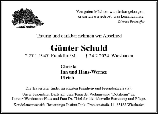 Traueranzeige von Günter Schuld von Wiesbadener Kurier
