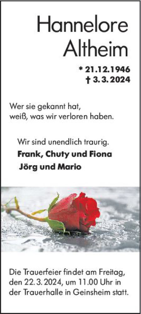 Traueranzeige von Hannelore Altheim von Groß-Gerauer Echo