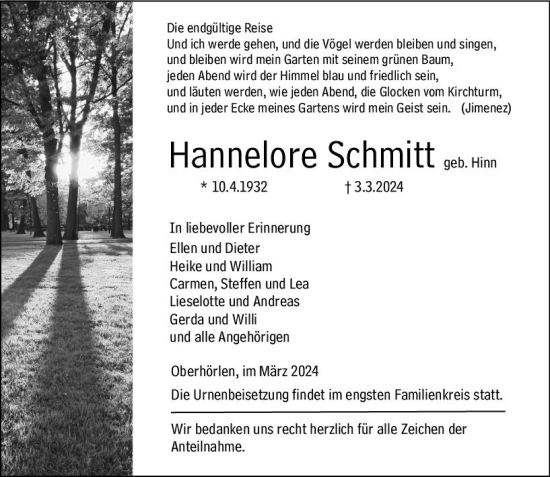 Traueranzeige von Hannelore Schmitt von Hinterländer Anzeiger