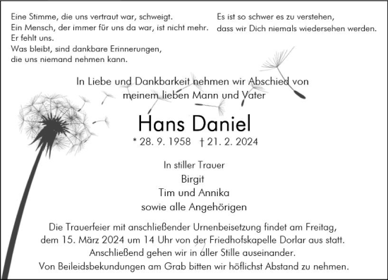 Traueranzeige von Hans Daniel von Wetzlarer Neue Zeitung