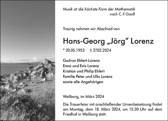 Traueranzeige von Hans-Georg Lorenz von Weilburger Tageblatt