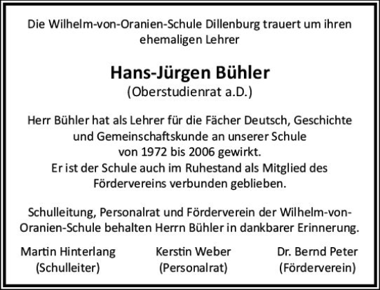 Traueranzeige von Hans-Jürgen Bühler von Dill Block