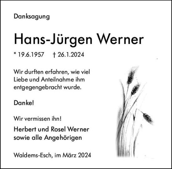 Traueranzeige von Hans-Jürgen Werner von Camberger Anzeiger