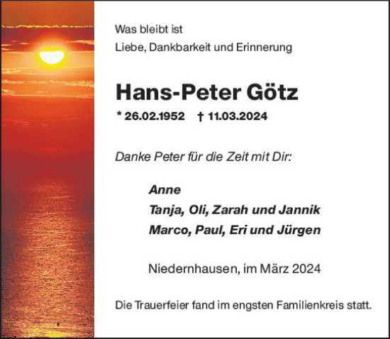 Traueranzeige von Hans-Peter Götz von Bergsträßer Anzeiger